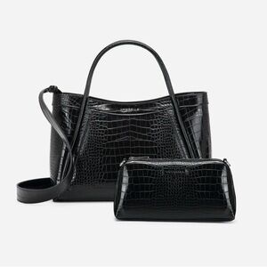 Kelly M Plus Size 2 PCS Set Crocodile Print Top Handle Bag (Black)